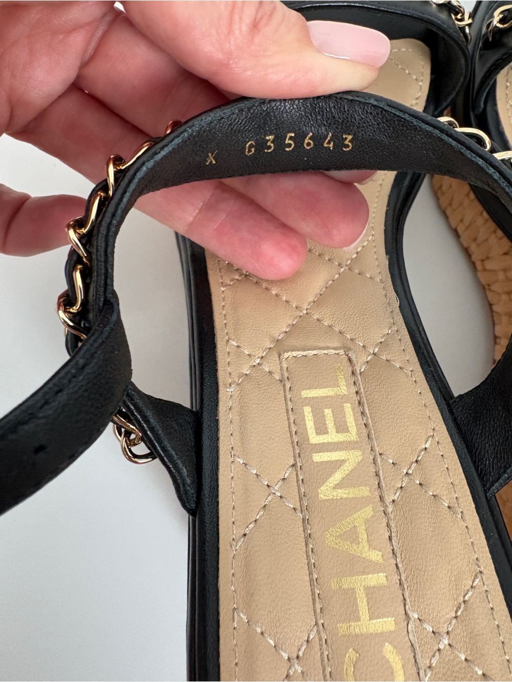 CHANEL Black 20C Leather CC Chain Wicker Wedge Sandal EU 38 / US 8 - Picture 7 of 7